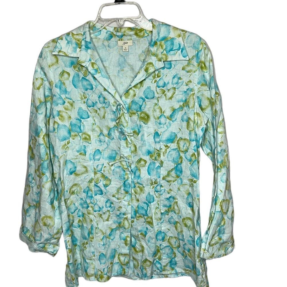 J.Jill 100% Linen Bow Button Watercolor Leaf Print Coastal Grandma Tunic Top. Sm